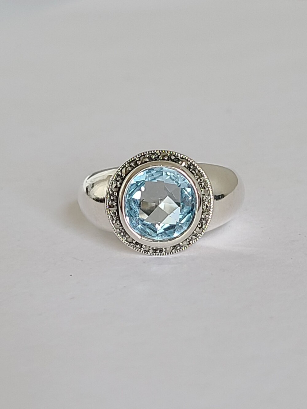 Sterling Silver Chunky Blue Aquamarine Faceted Marcasite Gemstone Halo Boho Ring